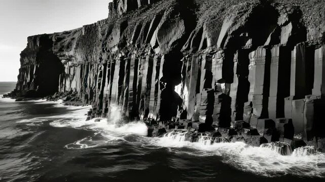 Enduring tall columnar basalt cliff facing incoming swell at cliff base, producing whitewater spray