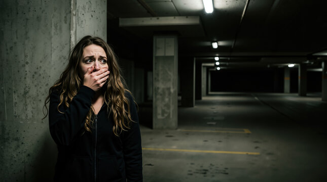 Terrified woman hiding in a dark parking garage. Scared female victim looking in fear in an underground car park. Concept of danger and urban crime. Copy space for text
