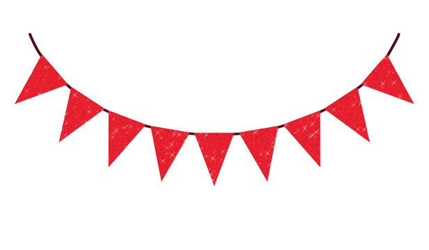Red Glitter Bunting Banner. Decorative red glitter bunting party flags isolated on a black background. Red triangular pennant flags. Banner for festive events, birthdays, and holiday decorations.