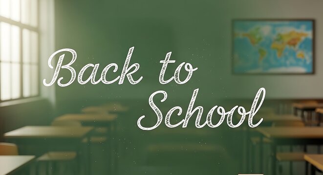 Empty classroom with desks and a world map on the wall  back to school
