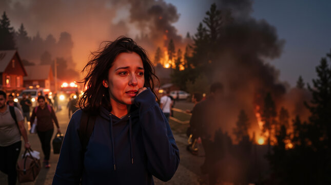 Distressed woman evacuating during a massive wildfire. Young female looking back at burning forest and smoke at night. Natural disaster and emergency rescue concept