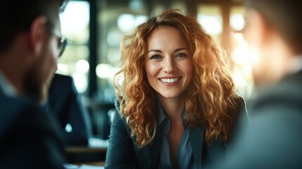 Fototapeta premium A confident woman in a business setting smiles during a meeting, exuding professionalism and warmth while engaging with her colleagues and fostering collaboration.