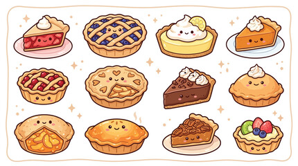 A delightful collection of twelve adorable kawaii-style pies and pie slices, each with a cute smiling face, arranged in a grid on a light background with sparkling accents. © Terra