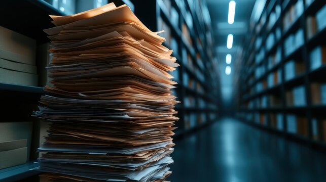 The image depicts a towering stack of unorganized paperwork in a warehouse, representing the overwhelming nature of bureaucracy and information management.