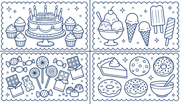 Birthday cake cupcakes ice cream donuts pie and candy for party celebration.