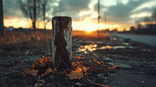 A weathered wooden pole stands amidst dried leaves, capturing the essence of nature's beauty as the sun sets, illuminating the scenery in warm hues of light and color.