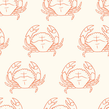 Seamless pattern with abstract linear crabs. Vector outline background in retro style. Sketch vintage seafood illustration