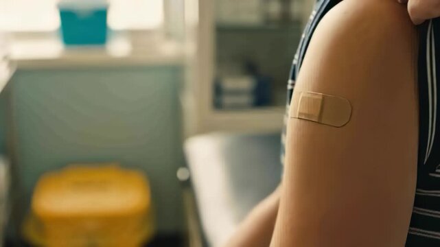 Adjusting sleeve, person showing upper arm with bandage in clinic, wearing striped top, copy space