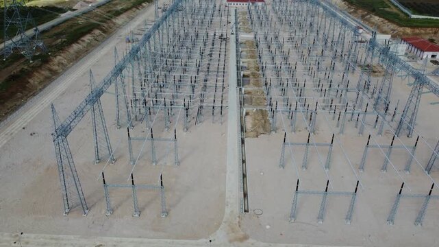 Aerial View of Electrical Substation and Power Grid Infrastructure, High Voltage Energy Distribution Facility