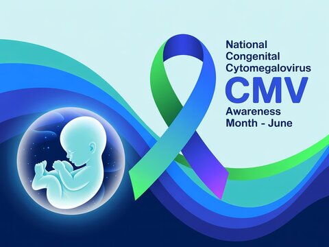 National congenital cytomegalovirus awareness month concept with a fetus in a bubble and a blue and green awareness ribbon