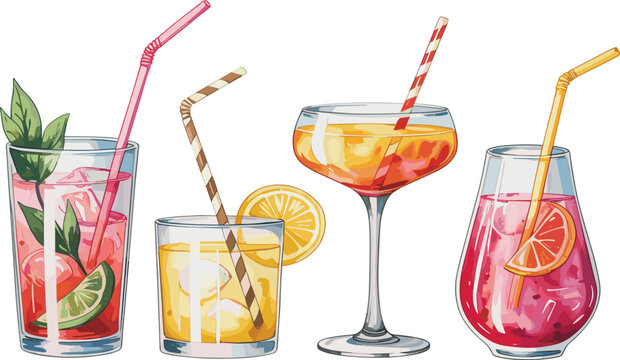 Colorful Summer Cocktail Collection, Fresh Fruity Drinks Set, Refreshing Beverage Vector Illustration Design Artwork