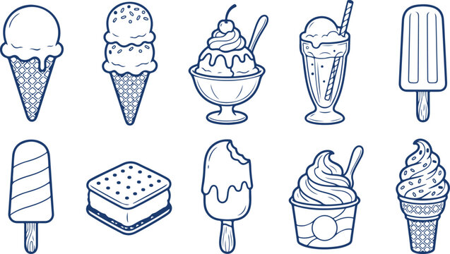 Collection of ice cream cones popsicles and milkshakes outline icons.