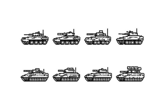 Collection of pixel art tanks in various designs and styles