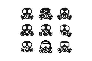 Obraz premium Collection of pixel art gas mask icons for protection and safety themes