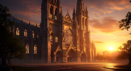 Obraz premium Gothic Church Building Architecture Sunset.