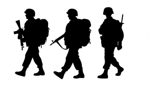 Silhouettes of three soldiers walking in a line carrying backpacks and rifles