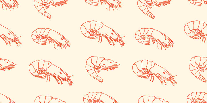 Seamless pattern with hand drawn shrimps. Vector line background in retro style. Sketch vintage seafood illustration