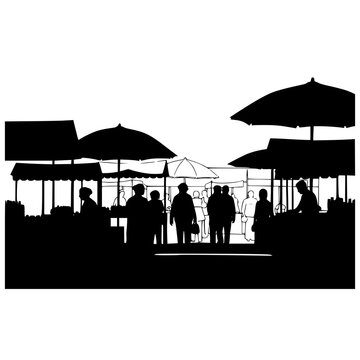 Silhouette of people at a busy outdoor street market with stalls and umbrellas