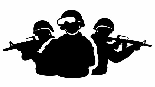 Silhouette of three soldiers in tactical gear and helmets holding rifles, military squad team ready for combat mission, vector illustration