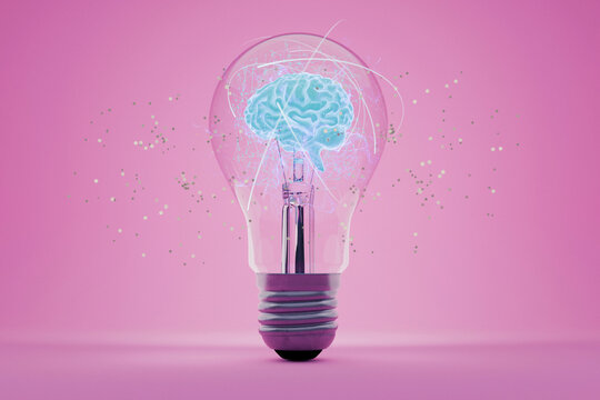 Conceptual image of a glass lightbulb containing a glowing digital human brain model. innovation and neuroscience, isolated on a clean pink background with floating sparkles. Think Different