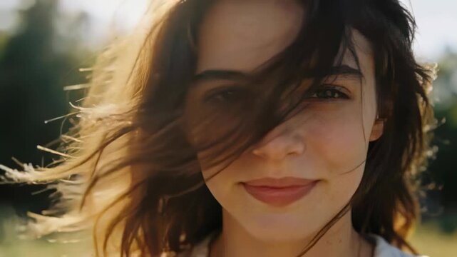 Gusts moving woman's brown hair across face in grassy field, wearing light top, smiling