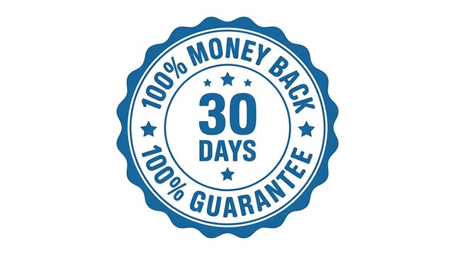 Guarantee badge, money back icon, 30 days seal, refund symbol, blue warranty stamp