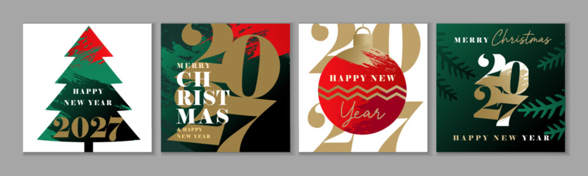 Merry Christmas and Happy New Year 2027 modern greetings card set. Creative vector posters or season banners design with typography 2027, xmas tree and christmas ball on grunge brush shapes