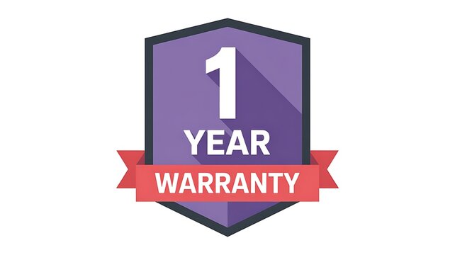 Warranty badge, 1 year guarantee symbol, purple shield icon, warranty label
