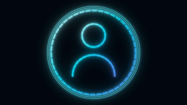 Glowing neon blue user profile icon featuring a circular dashed line animation that spins continuously in this seamless digital motion video clip for modern web interfaces