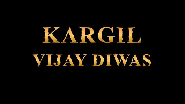 Kargil Vijay Diwas text animation featuring bold orange lettering on a dark display to commemorate the historic Indian military victory in a cinematic digital motion clip