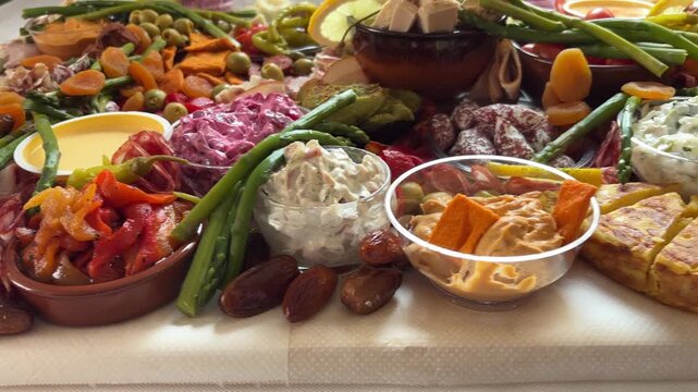 Paneo en &aacute;ngulo alto a 45 grados de bandeja con embutidos, quesos y frutas