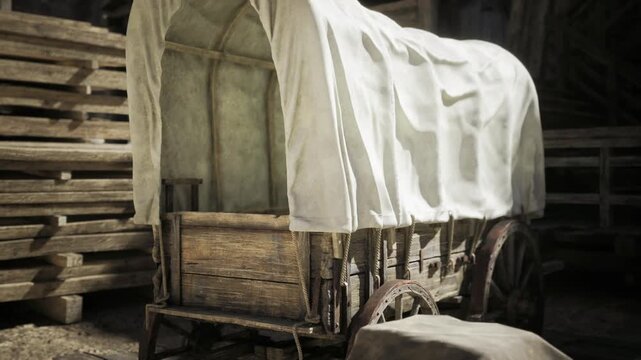 Bright restored canvas wagon inside workshop, crisp white canopy stretched over curved frame, workbench and tools nearby, stacked timber against wall, artisan