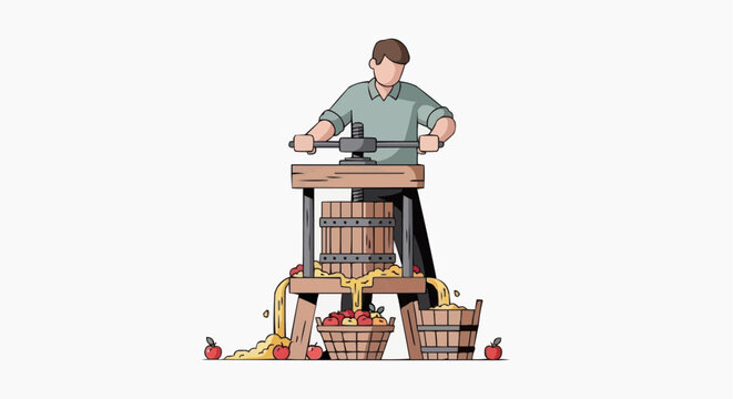 Man operating an apple press to make cider with apples and juice flowing into baskets