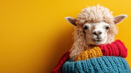Fototapeta premium A whimsical llama, cozily wrapped in a vibrant knitted blanket, evokes feelings of warmth and joy, merging the charm of animals with cozy fashion in an inviting and playful manner.