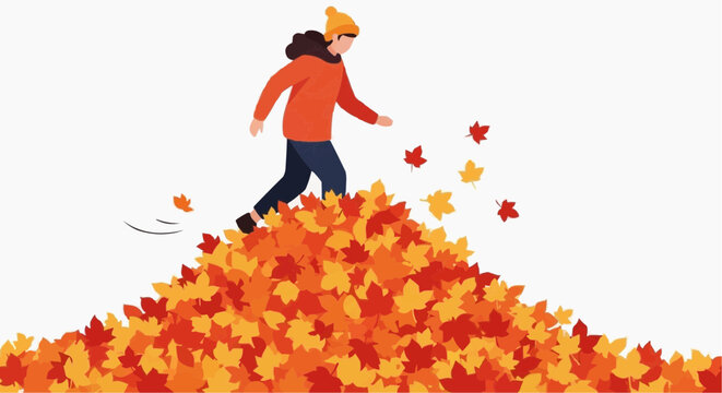 Person jumping into a pile of autumn leaves, vibrant fall colors, playful seasonal activity