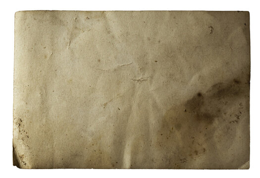 Isolated aged vintage photo paper back with dark stains, fold marks, distressed texture and worn archival surface on transparent background.