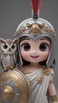 Cute chibi Athena figurine with an owl and shield, depicted in a charming cartoon style.