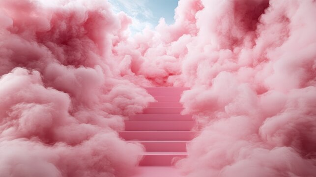 A surreal staircase leads through fluffy pink clouds under a bright sky, symbolizing the journey of dreams and the beauty of stepping into the unknown.