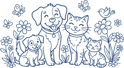 Cute cartoon dog and cat family with butterflies and flowers outline for kids. © Sadhin
