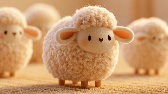 A group of adorable plush sheep toys sitting on a soft surface together peacefully.