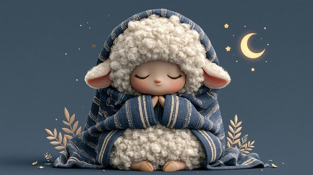 A serene cartoon lamb in a blue blanket prays under a crescent moon at night