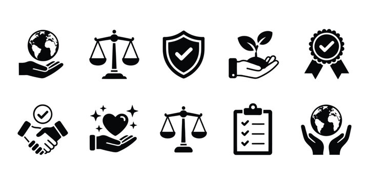 Corporate ethics vector icon collection with governance, trust, transparency, and professional standards symbols.