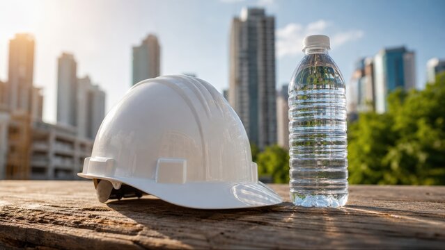 White hard hat and plastic water bottle sitting on wooden surface against city skyline background emphasize heat stroke prevention safety