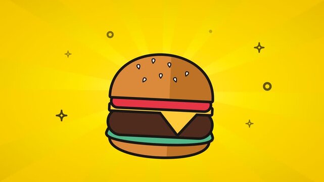 Looped pop art burger vector animation on rotating sunburst background