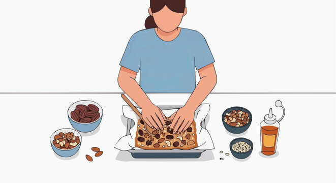 Person making healthy snack bars with nuts and honey in a baking tray