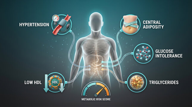 Metabolic syndrome indicators mapping physiological data points across a male silhouette for clinical analysis of cardiovascular risk and prevention.