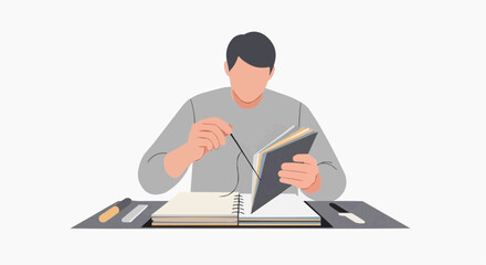 Fototapeta premium Man sewing book pages together with needle and thread creating a handmade journal
