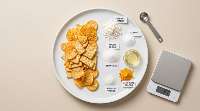 Nutritional deconstruction of salty snack crackers revealing hidden sugars and trans fats on a ceramic plate for dietary education and label awareness.