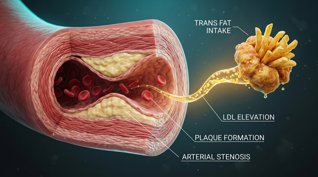 Cardiovascular pathology showing the direct biological link between trans fat consumption and the mechanical process of arterial plaque accumulation.