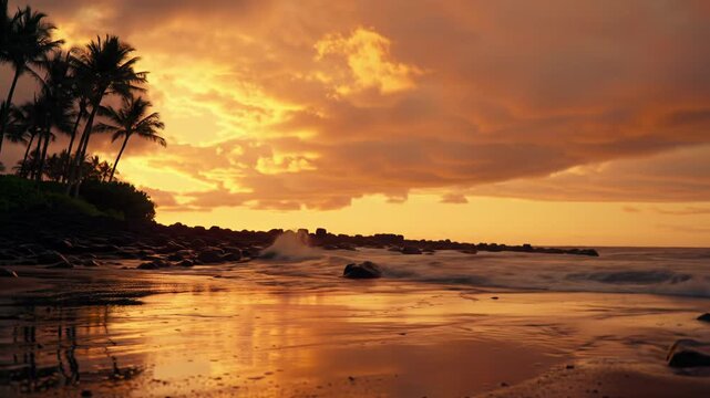 Epic low-angle, ultra-wide video of a tropical seascape at vibrant golden hour. Majestic waves crash on dark basalt rocks, silhouetted palms, reflected sky. Concept of natural majesty